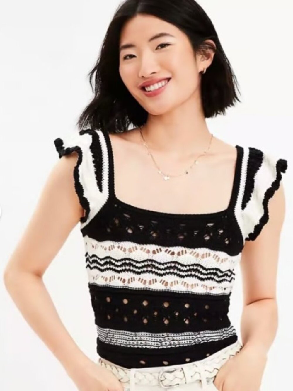 LOFT Black & White Crochet Sweater Tank Top | Ruffle Flutter Sleeves